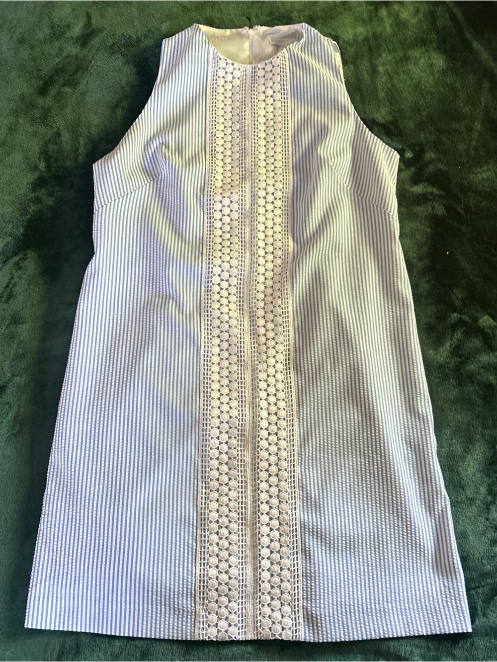London Times Seersucker Shift Dress with Lace Trim - Light Blue & White Sz 8